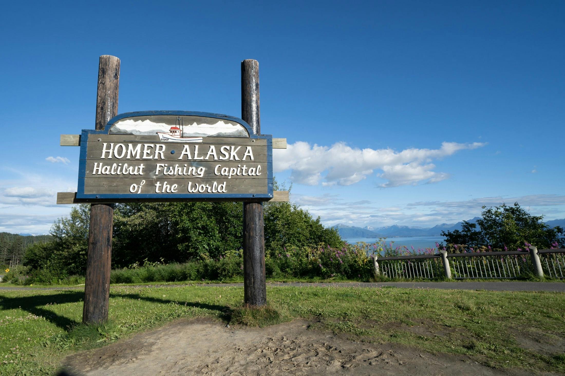 Large wooden sign for visiting Homer Alaska