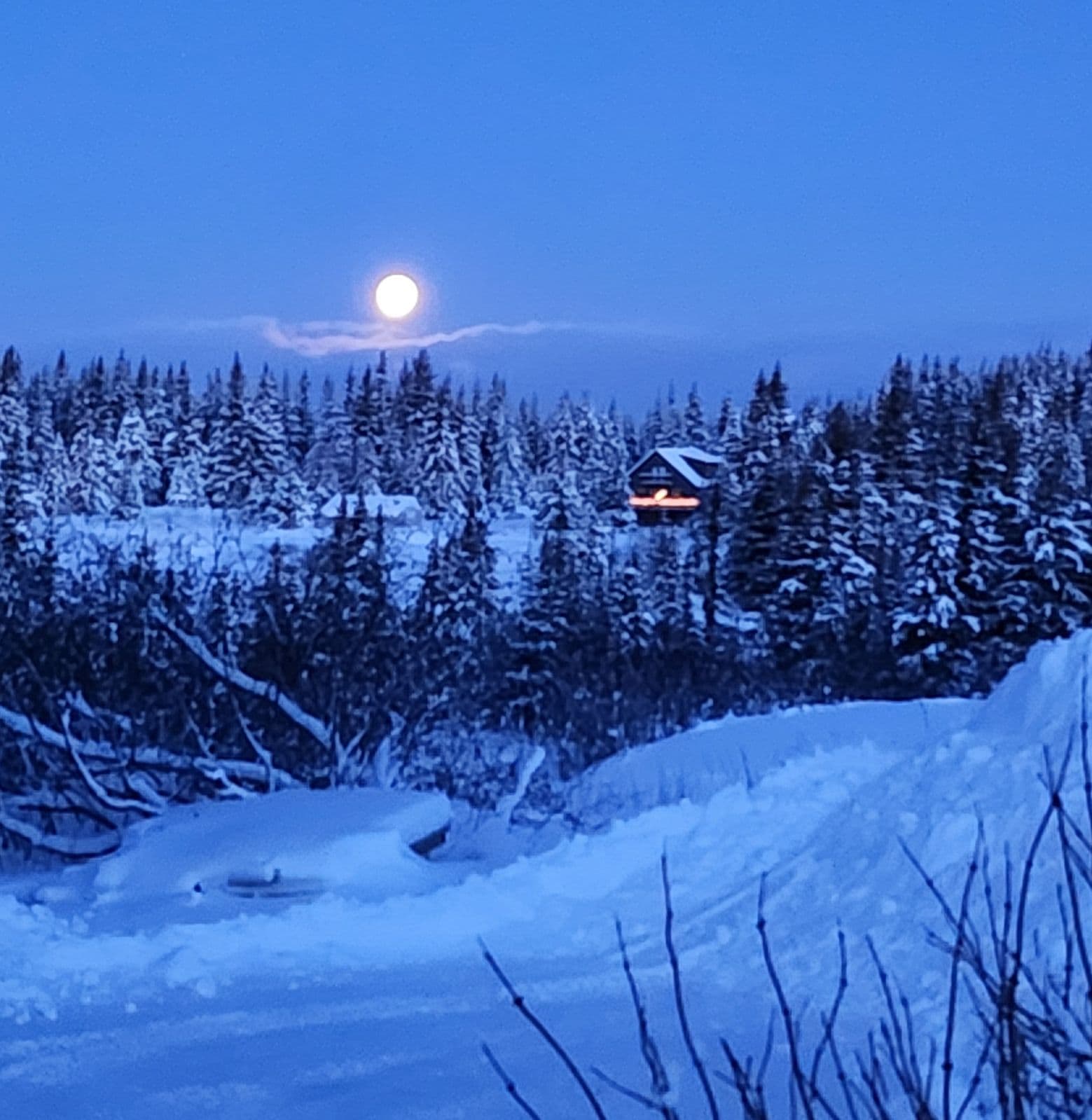 Distant night photo with large full moon overlapping the lodge in snow covered conifer forest.